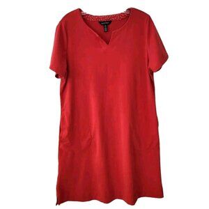 Ellen Tracy Red T-Shirt Dress Women's L Cotton Knit Pockets V-Notch Neckline
